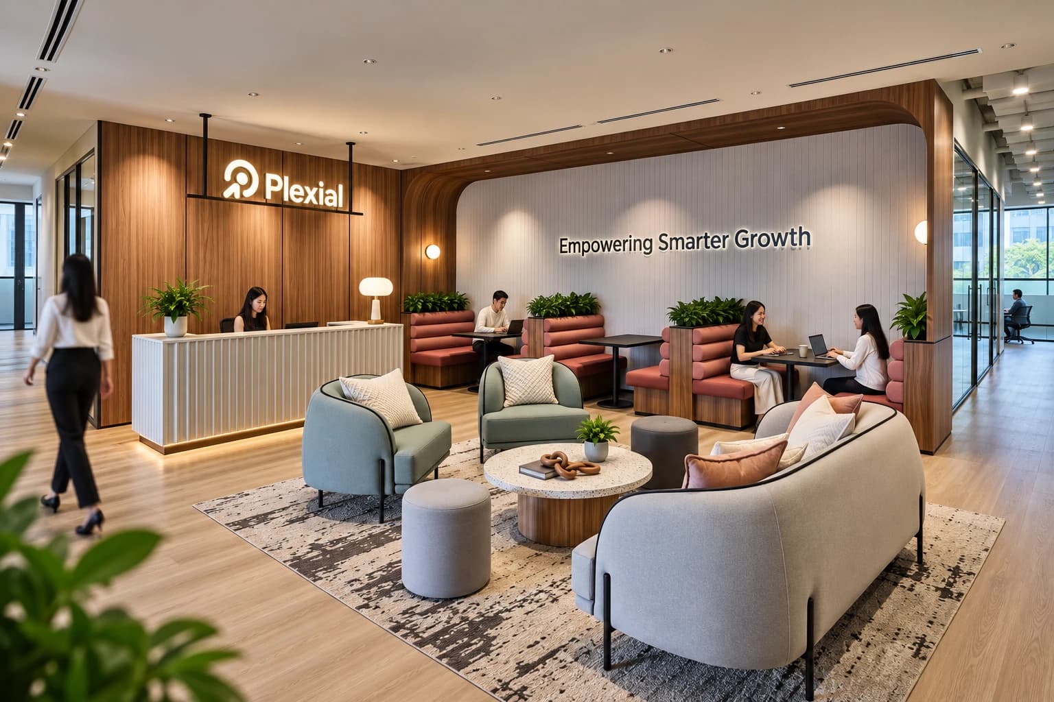 The Plexial office: the reception desk under the Plexial sign, and a lounge with booths beneath the words “Empowering Smarter Growth”